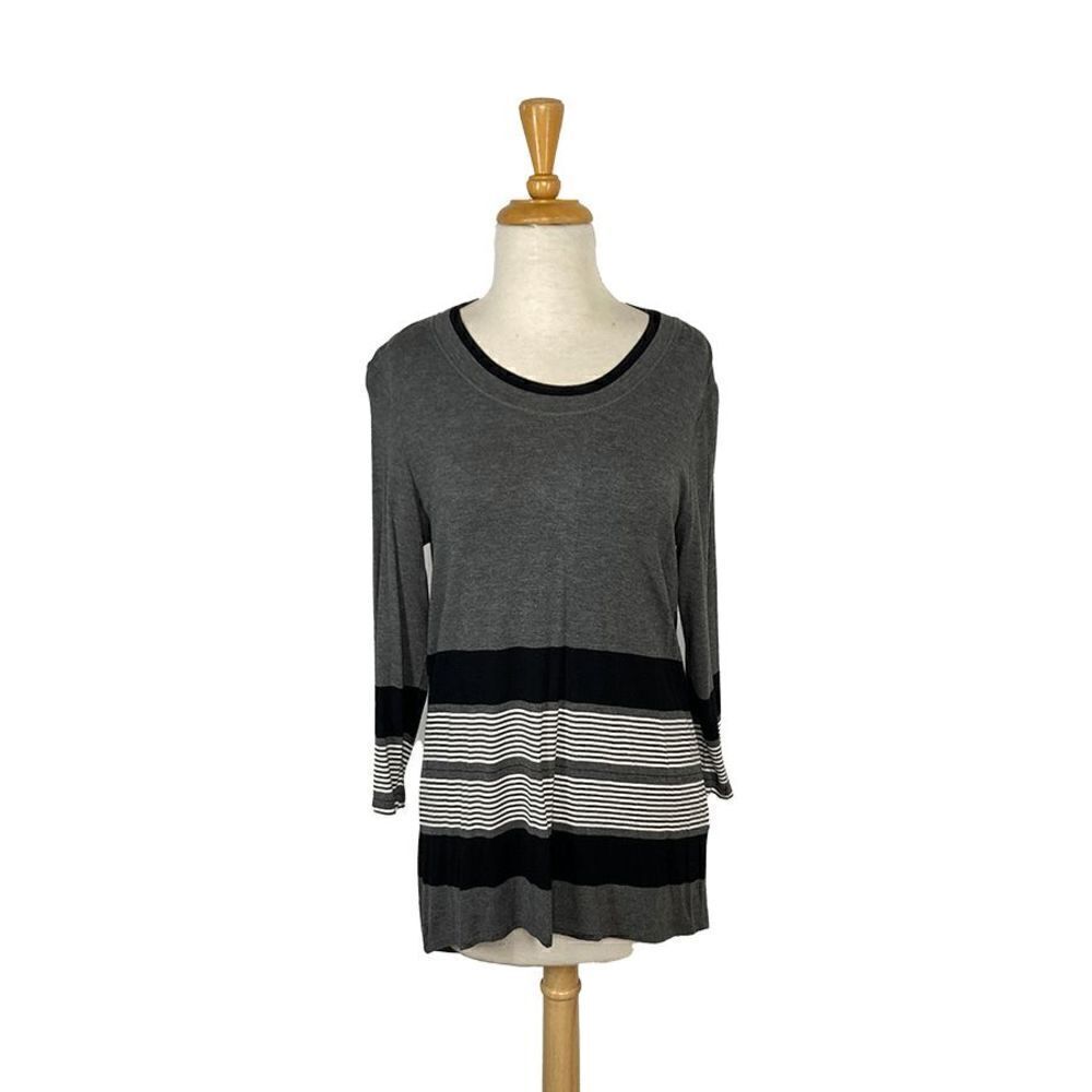Renuar S Heather Grey Stripe Tunic Top Y2K Deadstock 3/4 Sleeve Scoop Neck VTG
